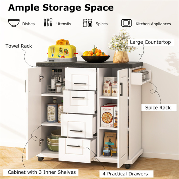 白色厨房岛推车，带4个抽屉和2个橱柜，5个带制动器的万向脚轮-5