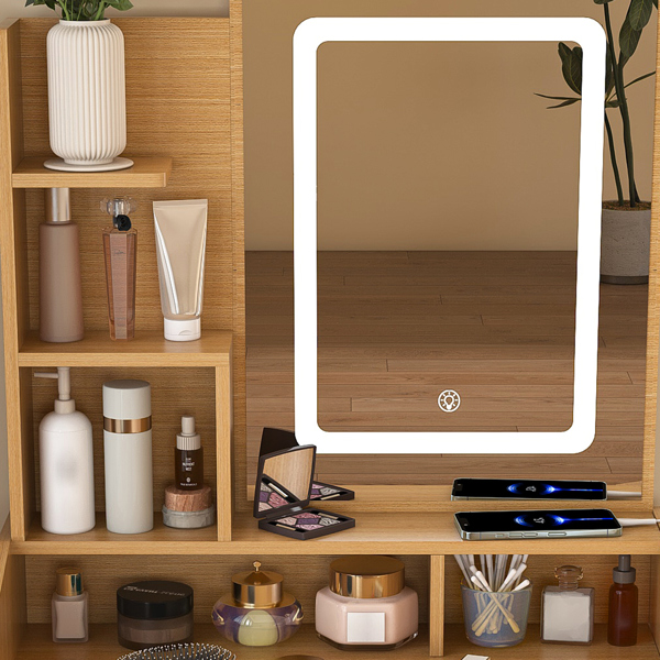 带LED照明镜、电源插座、吹风机支架和凳子的梳妆台 – 适用于小卧室的紧凑型梳妆台（木质）不支持self-pick up且不支持指定仓库发货-14