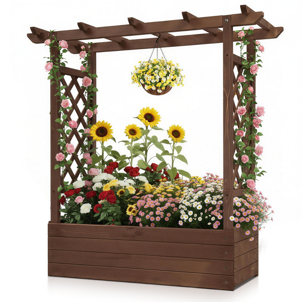 110*44.5*113CM 碳化色 带拱形格子 高架花园床 杉木 木种植-16