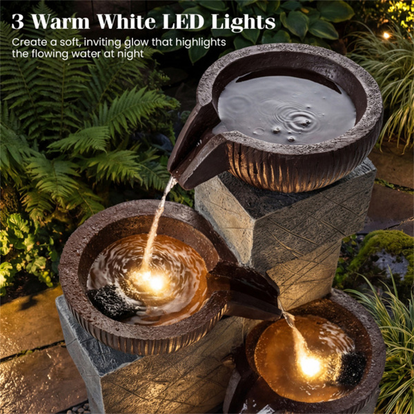 带LED灯的四层瀑布喷泉，花园露台可调节流量的树脂玻璃纤维室外喷泉-6