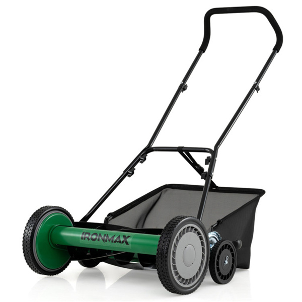 18英寸带草捕集器的5刀片推式卷轴割草机，带4级高度调节的手动手扶式割草机 - 绿色-1