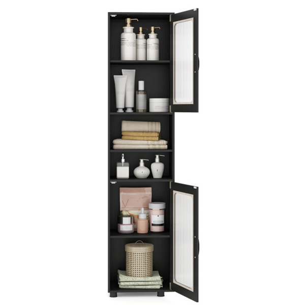 67英寸高瘦浴室储物柜，带槽门，可调节架子，独立式窄收纳架 - 黑色-4