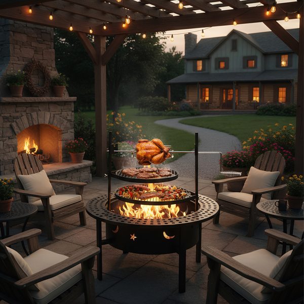 85*85*93CM 黑色 星月炉盘烧烤架 2层圆形烤盘 带置物架 铁质 600度高温 碳烤炉-4