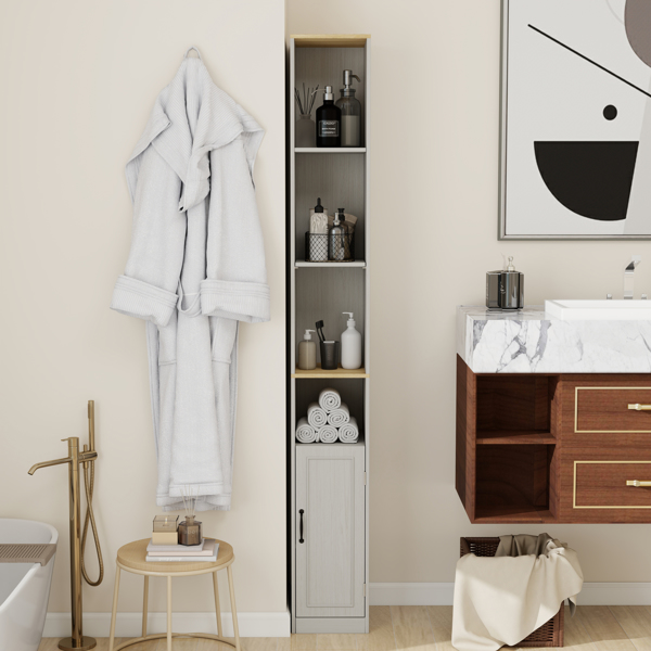 72英寸高纤薄储物柜，6层窄型独立式浴室柜，带1扇门和2个可调节搁板，书架展示储物架，立方体CD/DVD储物柜 - 复古白(不支持self-pick up且不支持指定仓库发货)-5