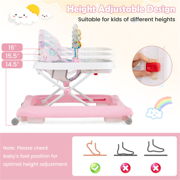 粉色可折叠婴儿学步车，带可拆卸托盘和形状分类玩具，3层高度可调，适用于6-12个月大的婴儿-8