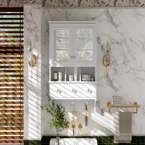 四合一浴室镜柜，24英寸壁挂式药柜，带抽屉和收纳挂钩，高清镜面，带浴室梳妆台储物空间--不支持self-pick up且不支持指定仓库发货-3