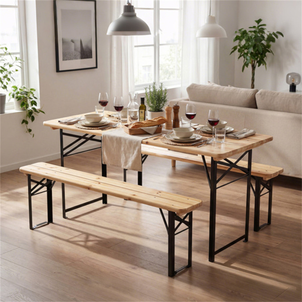 47英寸可折叠野餐桌，带2条长凳，实木户外用餐套装，带坚固的金属框架，适合庭院花园后院-3