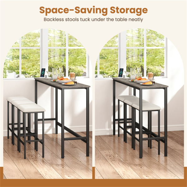 4件式柜台高度酒吧桌带充电站和USB端口的，带3个凳子的灰色酒吧桌-10