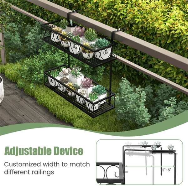 双层可调节栏杆植物架，带挂钩，金属悬挂花盆架，用于阳台门廊-9