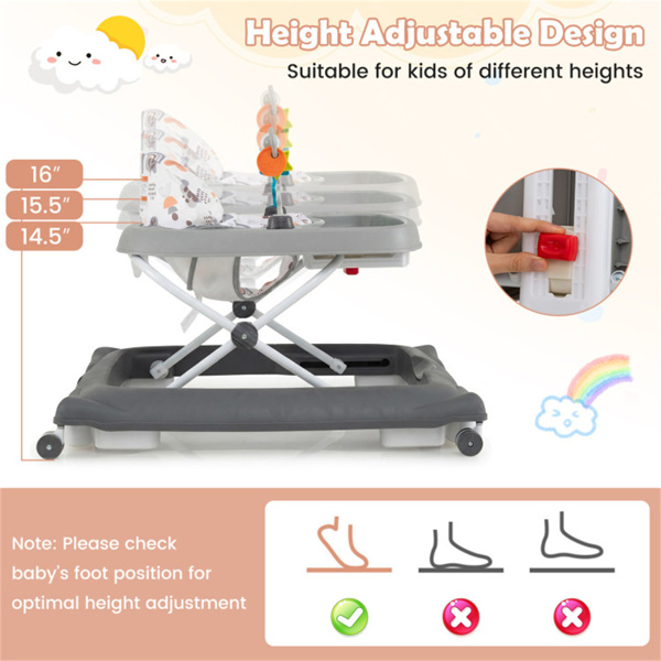 灰色可折叠婴儿学步车，带可拆卸托盘和形状分类玩具，3层高度可调，适用于6-12个月大的婴儿-6