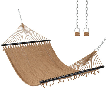 2人聚酯加勒比吊床，带硬木撑杆，可承重600磅，露台花园双人吊-卡其色