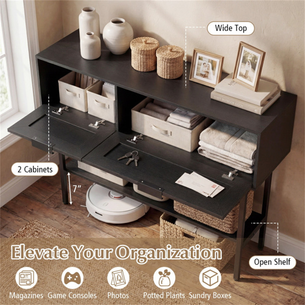 黑色藤条控制台桌，带储物柜和开放式架子，40英寸入口桌，带坚固的碳钢框架，适用于客厅、走廊、沙发桌-9