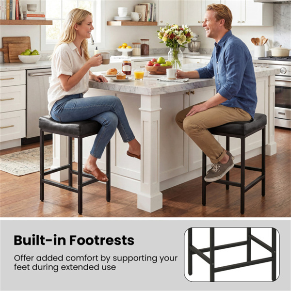 一套2个黑色无背酒吧凳，符合人体工程学的马鞍座，配有3.5英寸厚的垫子和内置脚踏板-8