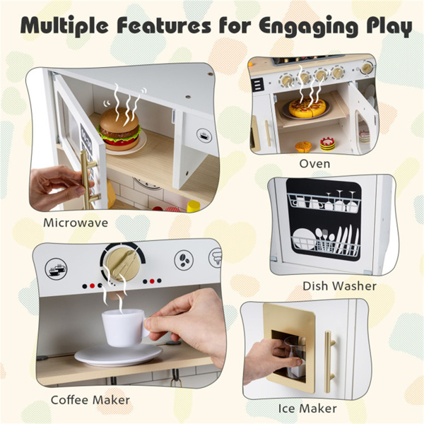儿童木制游戏厨房，配有逼真的灯光和声音，为3岁幼儿提供假装制冰机和储物空间+ - 白色-9