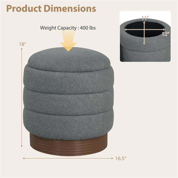 圆形旋转储物脚凳，带实木框架，无需组装，储物空间为5.5加仑-灰色-3