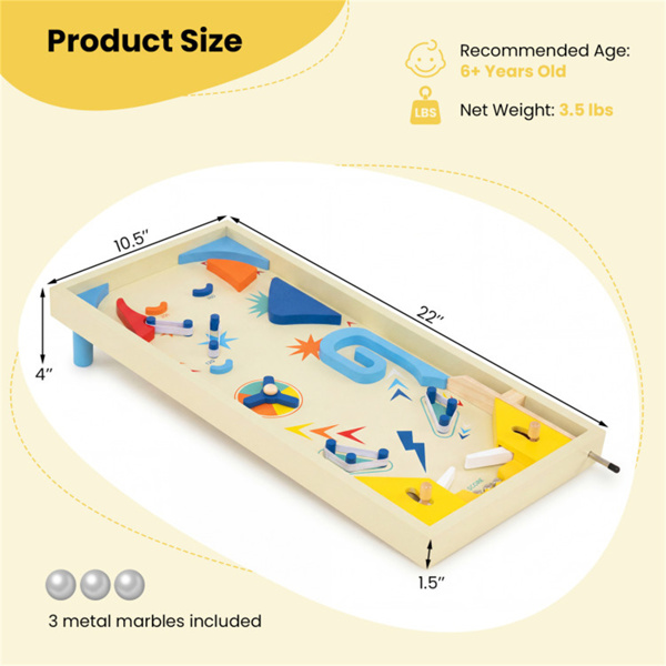 彩色木制弹球机，3个金属弹珠和弹簧柱塞，双翻转控制，适合有趣的游戏-6