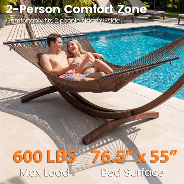 2人聚酯加勒比吊床，带硬木撑杆，可承重600磅，露台花园双人吊-棕色-6