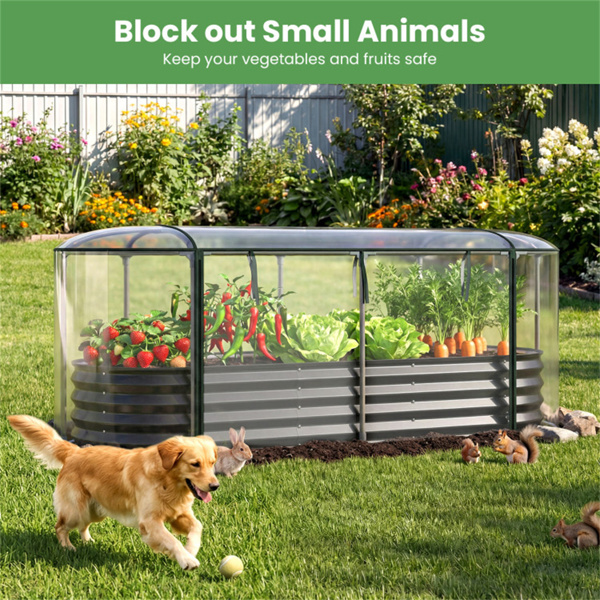 三合一高架花园床，带温室盖，镀锌钢花盆，全年种植-黑色-3