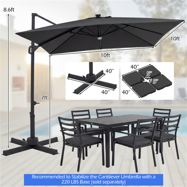 10x10英尺灰色太阳能LED悬臂式露台伞360°旋转偏置带灯挂伞-6