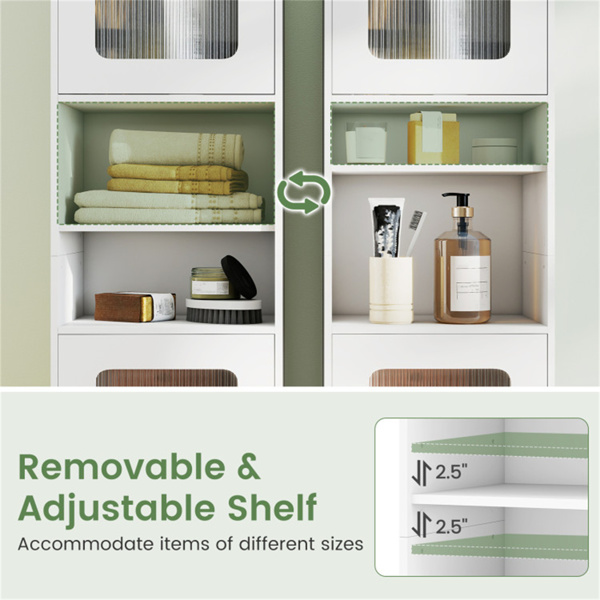 67英寸高瘦浴室储物柜，带槽门，可调节架子，独立式窄收纳架 - 白色-9