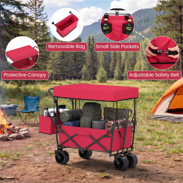 可折叠多功能车、可调节把手户外货车、带制动器的防刺穿车轮、可拆卸袋和侧袋 - 红色-9