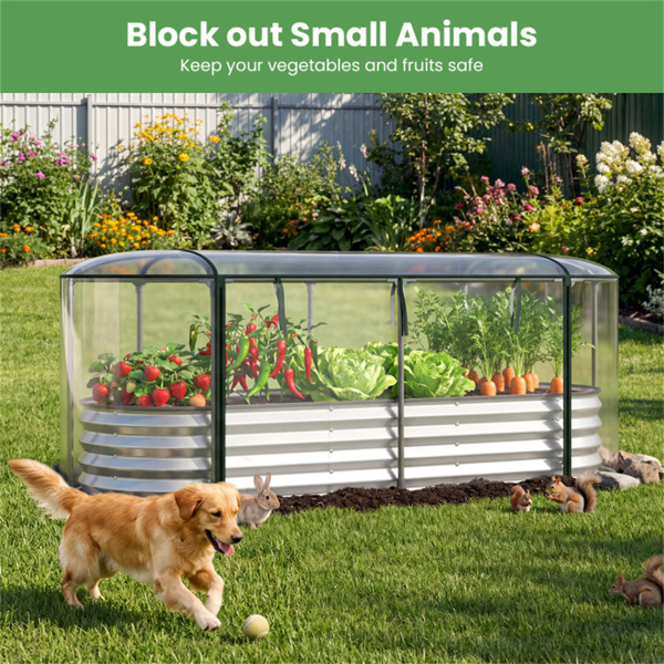 三合一高架花园床，带温室盖，镀锌钢花盆，全年种植-银色-7