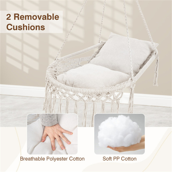 波西米亚流苏结 秋千带2个软垫的悬挂秋千椅，可容纳330磅的吊床椅，适用于室内室外卧室露台阳台-米色-5