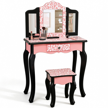 单抽儿童梳妆桌套装 豹纹款 三折镜 红色