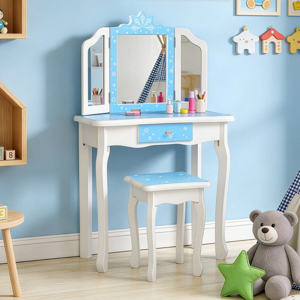  蓝色 雪花 密度板喷漆 三折镜 单抽 梳妆桌套装 儿童 N201-2