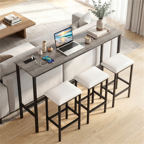 4件式柜台高度酒吧桌带充电站和USB端口的，带3个凳子的灰色酒吧桌-2