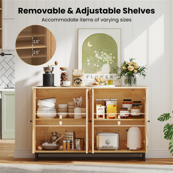 天然PE藤条大自助餐边板（50英寸），4门设计，带可拆卸可调节架子-3