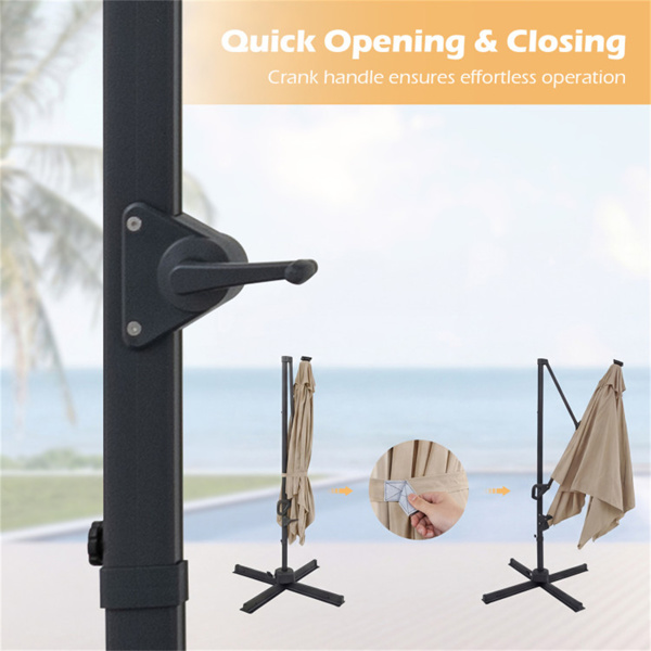 10x10英尺米色太阳能LED悬臂式露台伞360°旋转偏置带灯挂伞-5