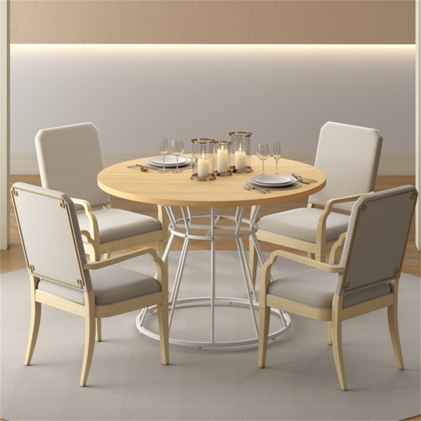 自然色47英寸圆形餐桌，适合4-6人家庭使用，沙漏金属底座和曲面桌面-7