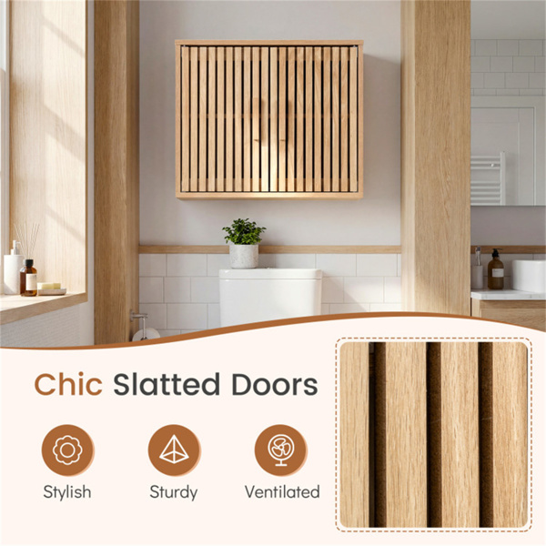 天然双层壁挂式浴室柜，带板条门，60.96×20.32×50.8cm可调节储物箱，8.85kg-5