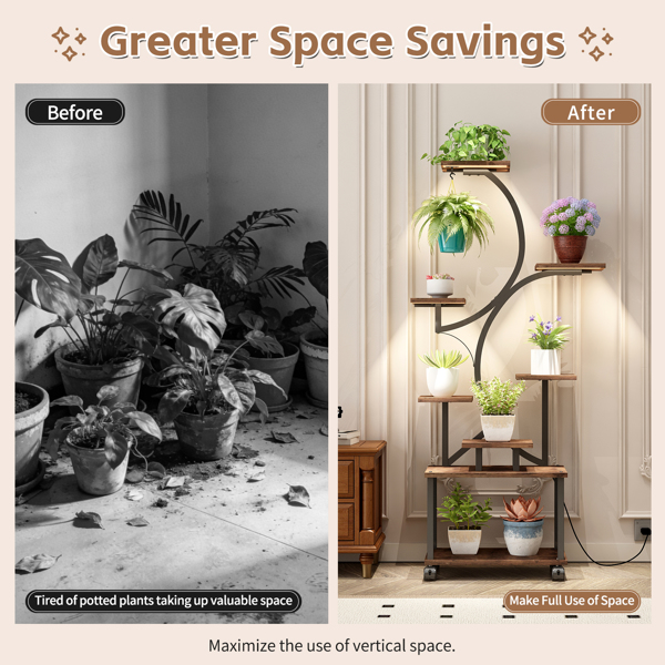室内植物架带生长灯 - 62 英寸高植物架，带灯转角植物架，适用于室内种植，8 层大型花卉架，S 形装饰架，适用于客厅（胡桃木色）--不支持self-pick up且不支持指定仓库发货-7