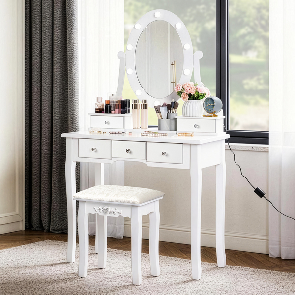 五抽单镜梳妆桌套装 欧式 带灯泡 白色=39757282,61588080-8