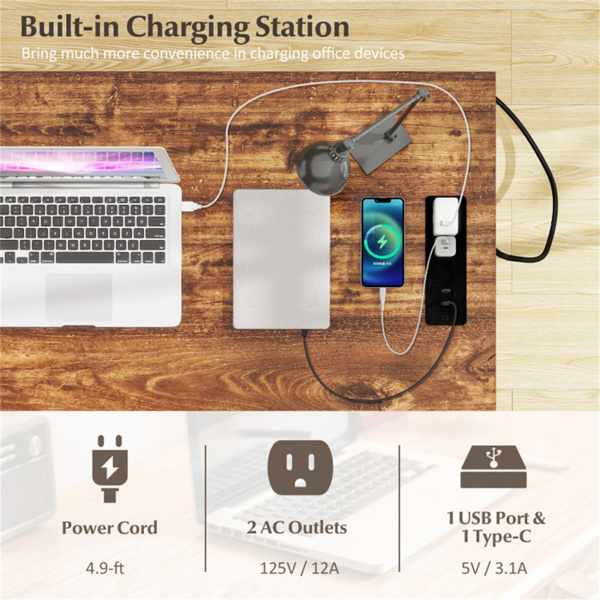 可逆L形办公桌，内置充电站，带抽屉和文件柜的家庭办公桌 - 棕色-9