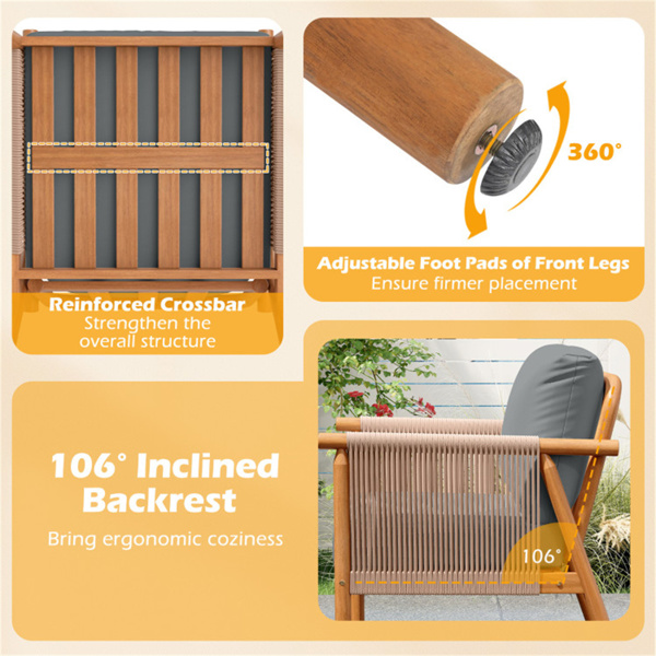 灰色波西米亚庭院相思木椅，带编织绳扶手，门廊阳台用软垫户外装饰椅-6