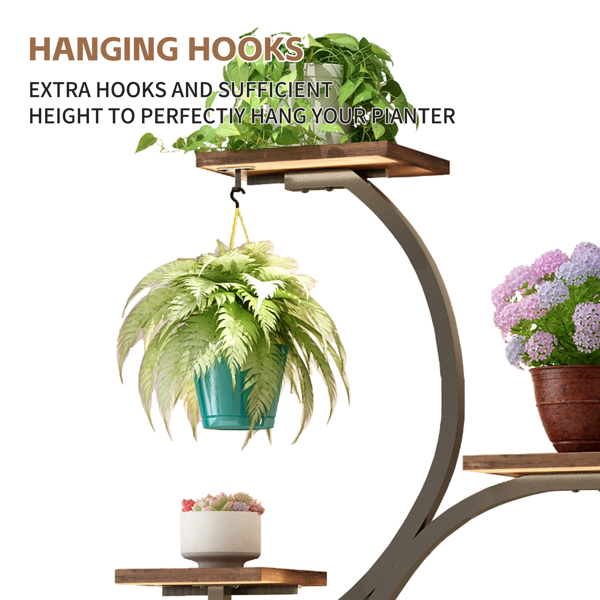 室内植物架带生长灯 - 62 英寸高植物架，带灯转角植物架，适用于室内种植，8 层大型花卉架，S 形装饰架，适用于客厅（胡桃木色）--不支持self-pick up且不支持指定仓库发货-21