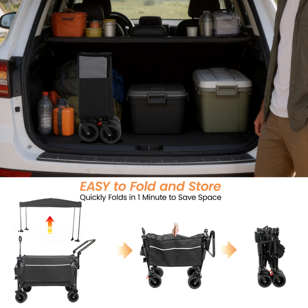 多功能推拉折叠手推车，带旋转手柄和顶篷，7英寸x4英寸全地形车轮和刹车，承重480磅，300升大容量，适用于运输、购物、户外活动，黑色--不支持self-pick up且不支持指定仓库发货-8