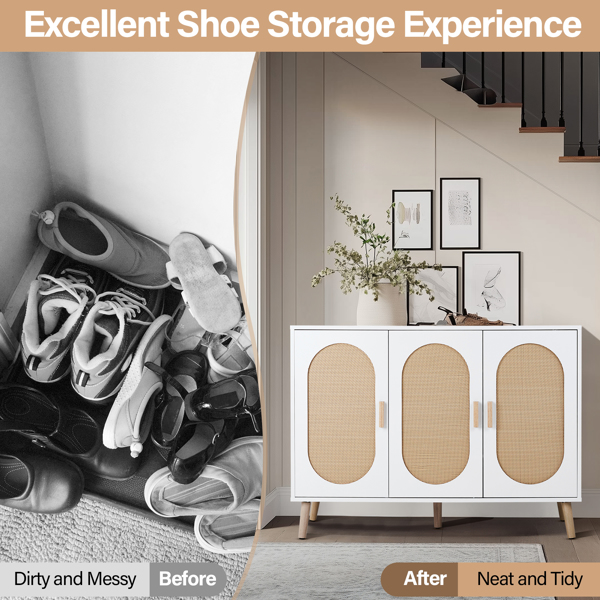 3门立柜型带高脚椭圆型藤面 鞋柜 刨花板+塑料藤 113*40*83.5cm 白色框架+原木色藤面+金色高脚-5