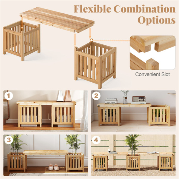 二合一木制花园长椅，带2个花盆箱，庭院和草坪的冷杉木户外露台座椅-7