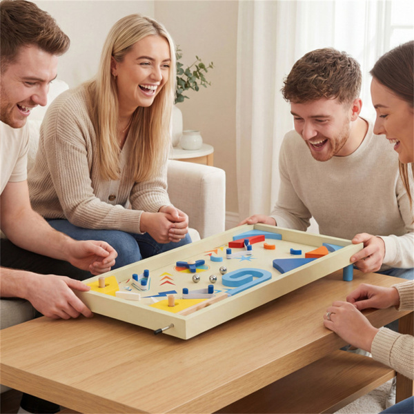 彩色木制弹球机，3个金属弹珠和弹簧柱塞，双翻转控制，适合有趣的游戏-3