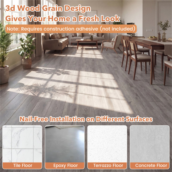 48块木纹乙烯基厚木板地板，36平方英尺防水PVC地砖，适用于家居- 灰色-8