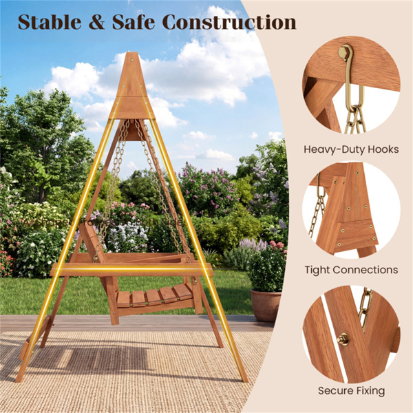 2人硬木门廊秋千，带支架，可容纳800磅的室外露台秋千，适用于花园池畔-7
