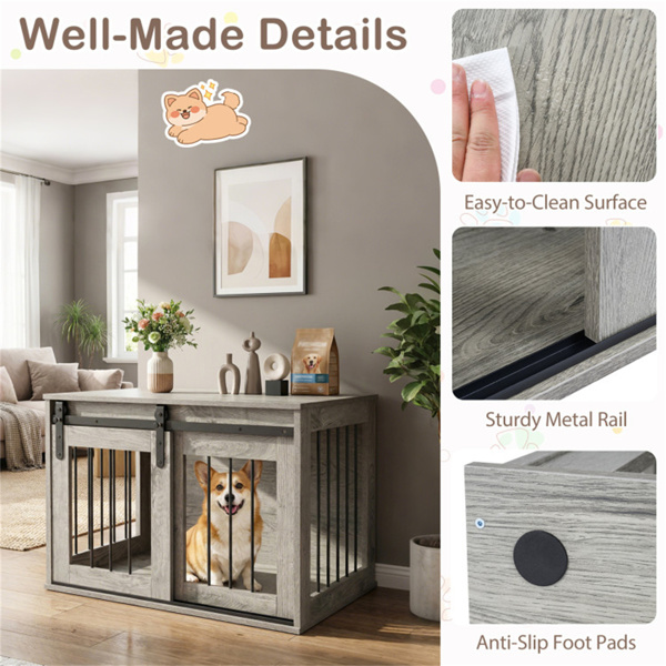 31.5英寸带滑动谷仓门的狗笼家具，室内使用的木制狗舍端桌 - 灰色-7