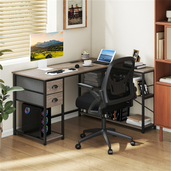 L形电脑桌，带内置电源插座、USB和Type-C充电端口、带织物抽屉和储物架的家庭办公室角桌 - 橡树色-3