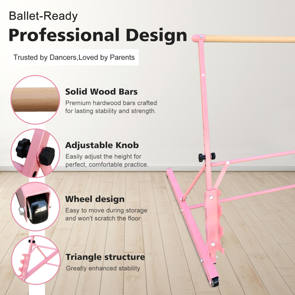 3.5英尺粉色实木芭蕾扶杆，高度可调节范围为31.5-39.5英寸，适用于舞蹈练习--不支持self-pick up且不支持指定仓库发货-2