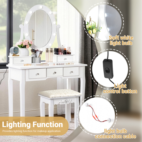 五抽单镜梳妆桌套装 欧式 带灯泡 白色=39757282,61588080-5