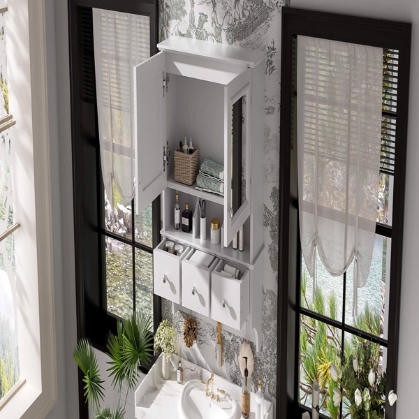 四合一浴室镜柜，24英寸壁挂式药柜，带抽屉和收纳挂钩，高清镜面，带浴室梳妆台储物空间--不支持self-pick up且不支持指定仓库发货-12